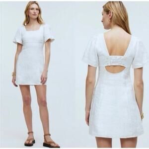 Madewell Square Neck Mini Dress in 100% Linen Eyelet White 0 NP764 Classic Beach